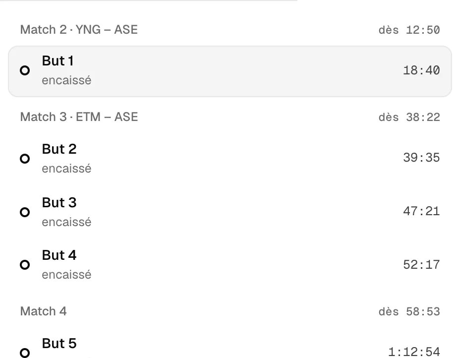 La liste réelle des six buts encaissés d’une soirée de Youbs_, rangés par match.